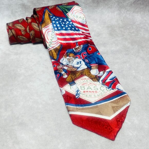 Tabasco Tie With Football Players American Flag & Footballs 100% Silk  Made In U - Picture 1 of 7